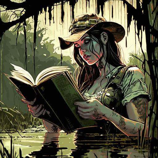 redneck girl looking through a large book, comic book style, beautiful, hillbilly, in a swamp