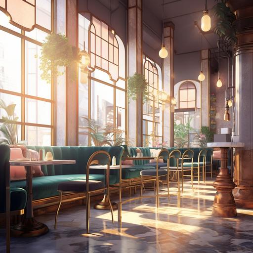 redrawn in anime style, background for visual novel, paint drips effect, high quality, hight contrast, dramatic light, art Deco interior in Sun Francisco city restaurant