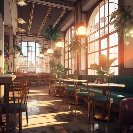 redrawn in anime style, background for visual novel, paint drips effect, high quality, hight contrast, dramatic light, art Deco interior in Sun Francisco city restaurant