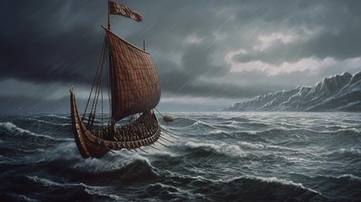 reference this photo, viking boat in clear and choppy sea, cloudy and stormy weather, draw ship close, dark atmospheric, vikings rowing, cinematic scene, realistic, high definition, high detail, ultra hd, --ar 16:9 --v 5