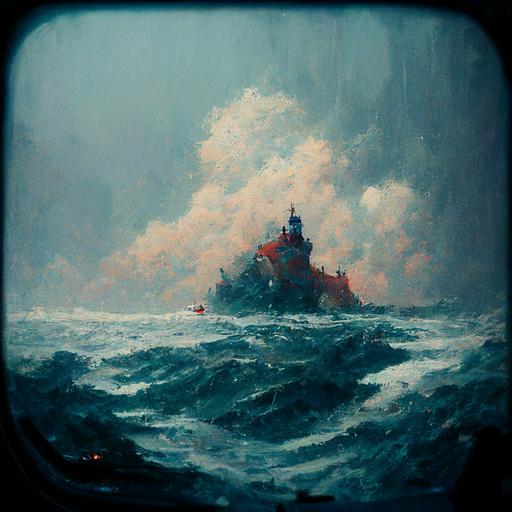refugees in lifeboat dinghy foreground:: stormy sea:: indigo:: ultramarine:: life jacket