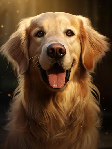 regal , Golden Retriever, face, perfect eyes, highly detailed, comprehensive cinematic, digital painting, 8k, cinematic lighting, best quality, highres, detailed work, post-processing, perfect result, realistic --ar 3:4