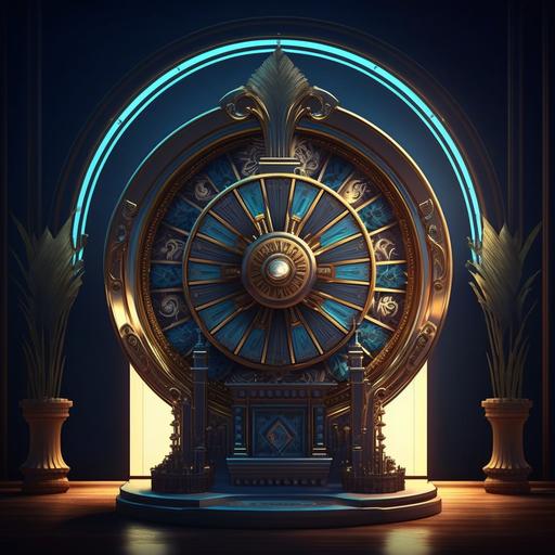 reimagined wheel of fortune for a casino in an elegant style, inspirened by the turbilion mechansims of a watch, aproximately 2 meters tall, in a old 1980's casino with dramatic exterior lighting but contrasting modern interior lighting design.