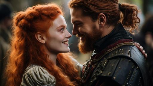 relaistic image, red haired pirate queen, and bearded man, getting married in 16th century ireland, --ar 16:9
