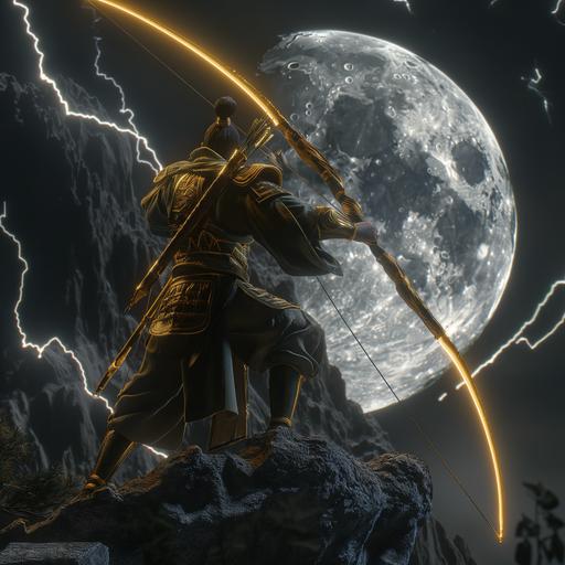 /relax drizzit do'urden attacking with 3 glowing arrows in huge oversized fancy golden bow and ornate arrow sheath silver axe facing mountain cliff black ninja clothing facing large full gold moon lighting storm attacking unknown 8k resolution, hdr, unreal engine, hyperrealism silver nitrate photo aestichetix v 6.0 ar3:2 - relax --v 6.0