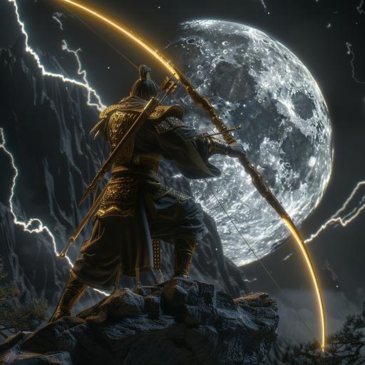 /relax drizzit do'urden attacking with 3 glowing arrows in huge oversized fancy golden bow and ornate arrow sheath silver axe facing mountain cliff black ninja clothing facing large full gold moon lighting storm attacking unknown 8k resolution, hdr, unreal engine, hyperrealism silver nitrate photo aestichetix v 6.0 ar3:2 - relax --v 6.0