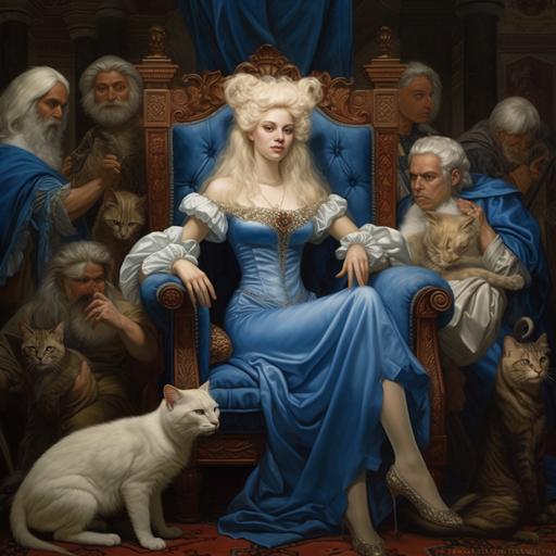 renaissance art style fantasy portrait white haired elf girl wearing a royal blue dress sitting in a fancy chair surrounded by fantasy men servants and cats