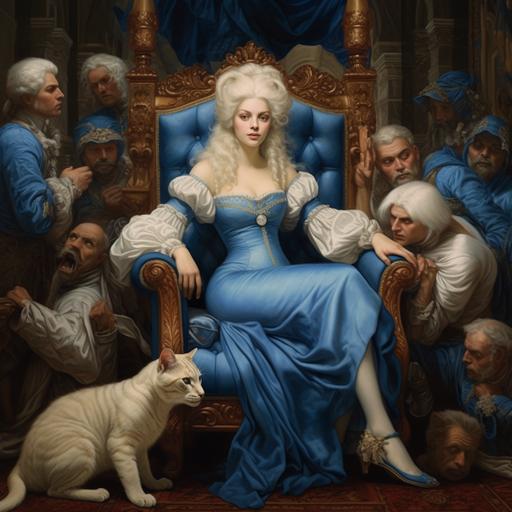 renaissance art style fantasy portrait white haired elf girl wearing a royal blue dress sitting in a fancy chair surrounded by fantasy men servants and cats