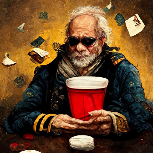 renaissance, drinking, poker, ship, sailor, storm, brooding, extreme detail, bird, eye patch, laughing, smoking, whiskey, torn clothes, old man, young man, bottles, cards, ace of hearts, cheating, money, chips