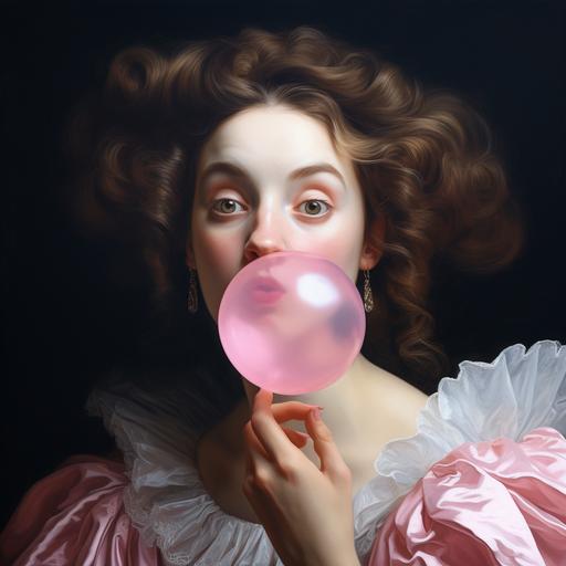 renaissance woman painting with blowing pink chewing gum over her mouth. image should look vintage. woman to be aged around 30 years old. her eyes should look annoyed.