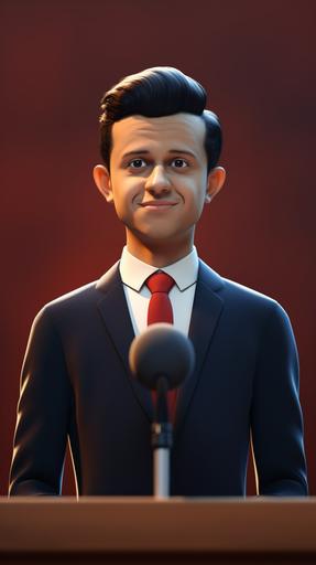 render of a president on a podium during a victory speech in front of press room, smiling, wearing a dark blue suit and red tie, in the style of a cartoon character --ar 9:16