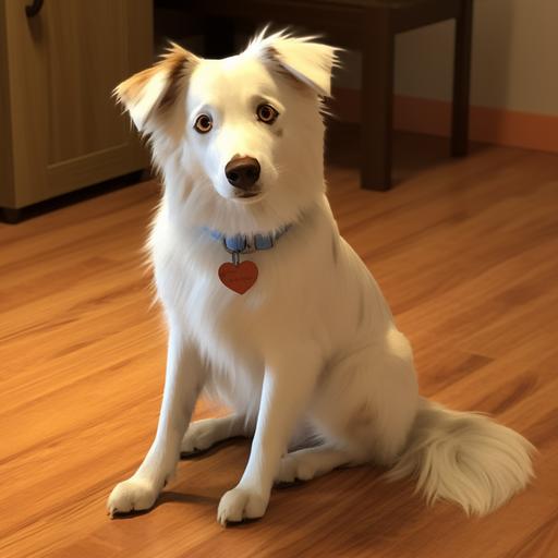 render of white border collie australian shepherd mix, icy blue eyes, black nose, lazy eye, reddish eye outline, weighing about 20 pounds, orange collar with a translucent dog bone tag on it, black circular fur spot on the top of her back, sitting down on the living room floor, wooden tiled floor, in the style of disney pixar