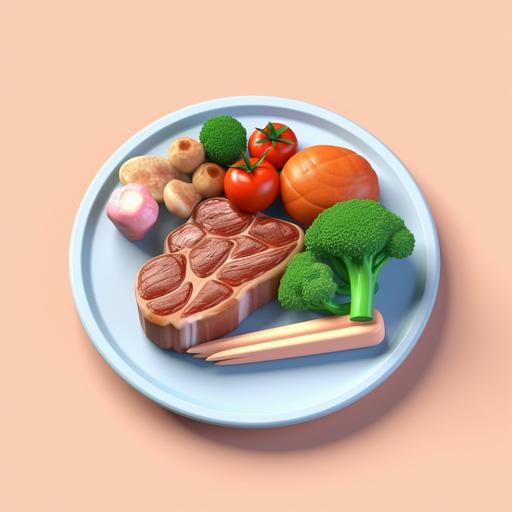rendering icon, well-doned steak and roast turkey on a plate of vegetables, front-right view, kawaii, premium sense color, C4D minimalist style