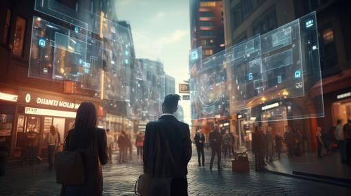 A downtown city with people walking around with digital number signs with a barcode floating over their heads. 8k, unreal engine, photoreal, octane render, cinematic lighting, volumetric lighting, accent lighting, creative, technological, hyper realistic, pro photo RGB, ray traced, shadows   balanced, white balance, high quality reflections, CGI, VFX, SFX, photorealistic hyperrealistic , hyperrealistic 16K, atomic style, raytraced reflection refraction gleam, maximum texture maximum detail, ornate, intricate detail, immaculate technical precision, Cinematic lighting, Art Deco and Industrial brutalist apocalyptic city, Epic cinematic Perspective view, Dark Mood, low angle view, golden ratio, octane render, --ar 16:9