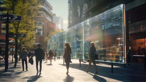 A downtown city with people walking around with digital number signs with a barcode floating over their heads. 8k, unreal engine, photoreal, octane render, cinematic lighting, volumetric lighting, accent lighting, creative, technological, hyper realistic, pro photo RGB, ray traced, shadows   balanced, white balance, high quality reflections, CGI, VFX, SFX, photorealistic hyperrealistic , hyperrealistic 16K, atomic style, raytraced reflection refraction gleam, maximum texture maximum detail, ornate, intricate detail, immaculate technical precision, Cinematic lighting, Art Deco and Industrial brutalist apocalyptic city, Epic cinematic Perspective view, Dark Mood, low angle view, golden ratio, octane render, --ar 16:9