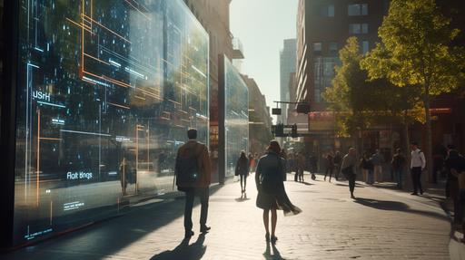 A downtown city with people walking around with digital number signs with a barcode floating over their heads. 8k, unreal engine, photoreal, octane render, cinematic lighting, volumetric lighting, accent lighting, creative, technological, hyper realistic, pro photo RGB, ray traced, shadows   balanced, white balance, high quality reflections, CGI, VFX, SFX, photorealistic hyperrealistic , hyperrealistic 16K, atomic style, raytraced reflection refraction gleam, maximum texture maximum detail, ornate, intricate detail, immaculate technical precision, Cinematic lighting, Art Deco and Industrial brutalist apocalyptic city, Epic cinematic Perspective view, Dark Mood, low angle view, golden ratio, octane render, --ar 16:9