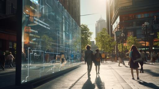 A downtown city with people walking around with digital number signs with a barcode floating over their heads. 8k, unreal engine, photoreal, octane render, cinematic lighting, volumetric lighting, accent lighting, creative, technological, hyper realistic, pro photo RGB, ray traced, shadows   balanced, white balance, high quality reflections, CGI, VFX, SFX, photorealistic hyperrealistic , hyperrealistic 16K, atomic style, raytraced reflection refraction gleam, maximum texture maximum detail, ornate, intricate detail, immaculate technical precision, Cinematic lighting, Art Deco and Industrial brutalist apocalyptic city, Epic cinematic Perspective view, Dark Mood, low angle view, golden ratio, octane render, --ar 16:9