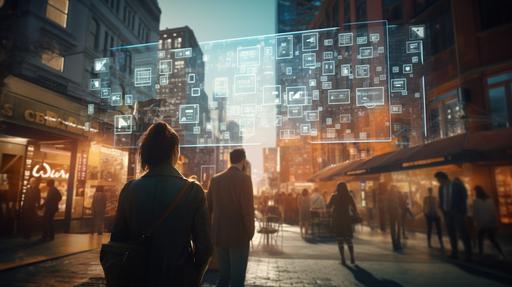 A downtown city with people walking around with digital number signs with a barcode floating over their heads. 8k, unreal engine, photoreal, octane render, cinematic lighting, volumetric lighting, accent lighting, creative, technological, hyper realistic, pro photo RGB, ray traced, shadows   balanced, white balance, high quality reflections, CGI, VFX, SFX, photorealistic hyperrealistic , hyperrealistic 16K, atomic style, raytraced reflection refraction gleam, maximum texture maximum detail, ornate, intricate detail, immaculate technical precision, Cinematic lighting, Art Deco and Industrial brutalist apocalyptic city, Epic cinematic Perspective view, Dark Mood, low angle view, golden ratio, octane render, --ar 16:9