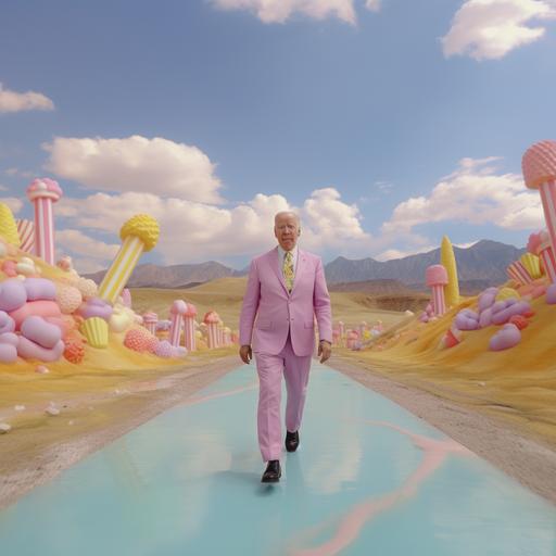 a wide shot of joe biden character wandering in wonderland walking on a yellow brick road away from the camera towards green hills with mountains of ice cream and candy. 8k cinematic lighting