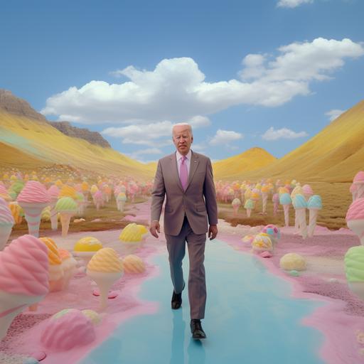 a wide shot of joe biden character wandering in wonderland walking on a yellow brick road away from the camera towards green hills with mountains of ice cream and candy. 8k cinematic lighting
