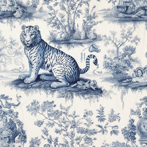 repeating pattern, Dior Wallpaper, tiger in different poses, blue toile de jouy, tigers with jaws open --s 750 --v 5.0
