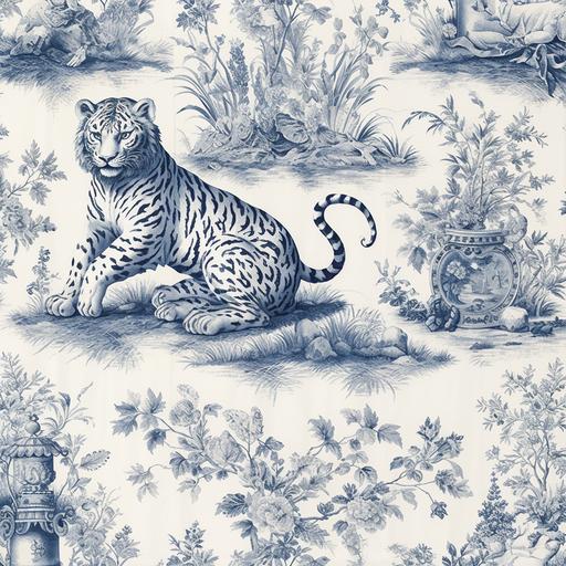 repeating pattern, Dior Wallpaper, tiger in different poses, blue toile de jouy, tigers with jaws open --s 750 --v 5.0