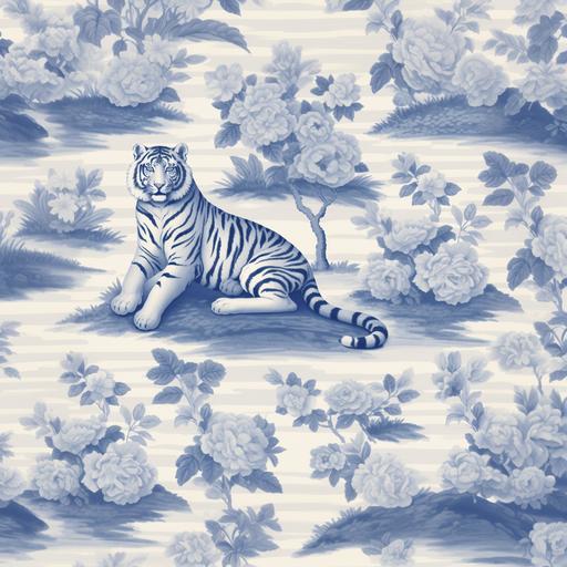 repeating pattern, Dior Wallpaper, tiger laying on the ground, blue toile de jouy, --s 750 --v 5.0