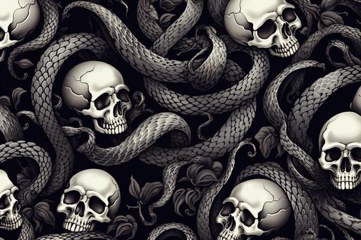 repeating pattern of clip art style black and white skulls with snakes --ar 3:2