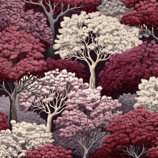 repeating pattern of oak trees using the colours maroon and silver