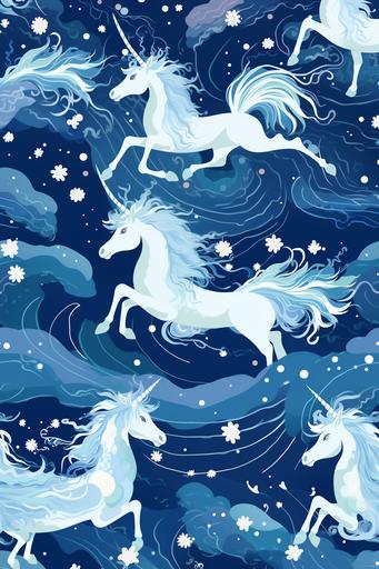 repeating seamless pattern of various illustrative glittering white unicorns and pegasus morphing from night sky in the foreground. Background is a deep blue color suminagashi marbling pattern. Cyan and navy, blues and cool colors. --s 50