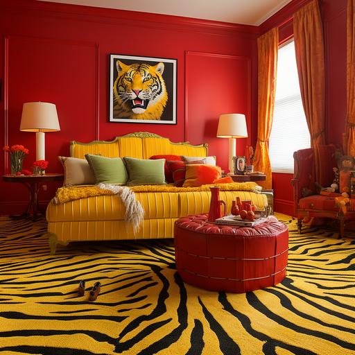 replace carpet with red colored carpet, add yellow and black striped tiger skin rug