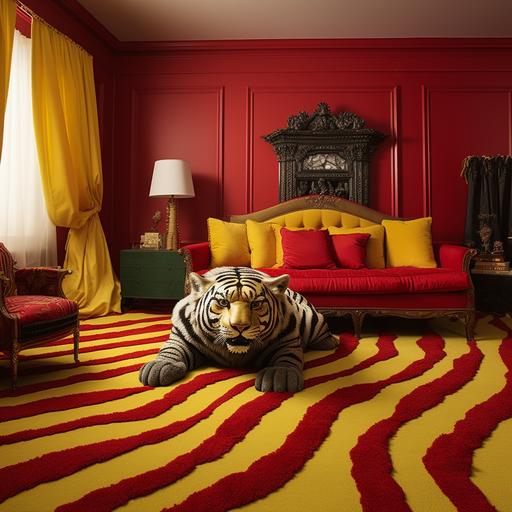 replace carpet with red colored carpet, add yellow and black striped tiger skin rug