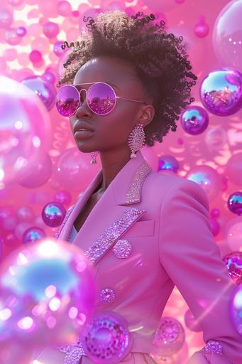 representation of a woman, powerful, feminist, strong, beautiful, and brave, she is dressed in haute couture in a pink and purple suit, the pink background related to marches on Women's Day, image in pink tones, radiant, surreal atmosphere For impact, there are glitter gems and diamonds in the things in the image --s 250 --ar 2:3