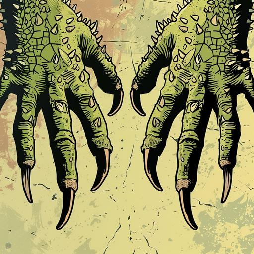 reptile talons with sharp nails, comic style, cartoon, symmetrical, vertical panel, hellscape