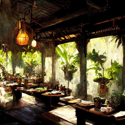 restaurant in the style of an old Bali house, plants, dappled sunlight,