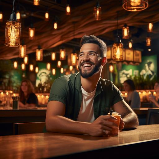 restaurant with romantic lights, wooden theme, serving burgers, Beer, tables chairs leather, sitting smiling customer with real face, cheers Glass od Beers
