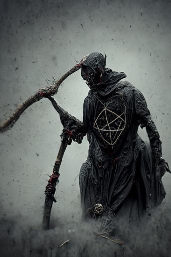 resurrected Demon in dark hood with scythe, accultic satanic symbols, by John Kenn Mortensen, tattoos, sinister atmosphere, church, crows, livid, highly detailed, ultrarealistic, intricate ink, illustration, bittersweet, hd, surreal, insanely detailed, high resolution, 4K unreal engine, ray tracing reflections, octane render --ar 2:3