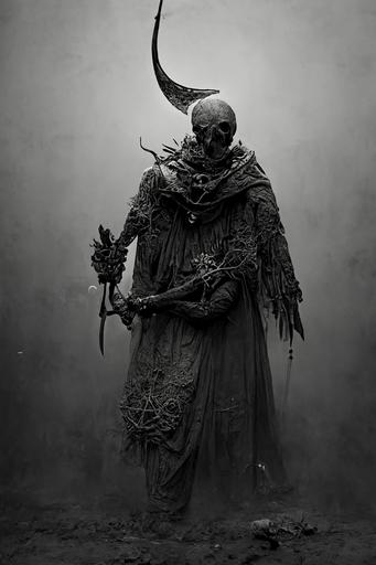 resurrected Demon in dark hood with scythe, accultic satanic symbols, by John Kenn Mortensen, tattoos, sinister atmosphere, church, crows, livid, highly detailed, ultrarealistic, intricate ink, illustration, bittersweet, hd, surreal, insanely detailed, high resolution, 4K unreal engine, ray tracing reflections, octane render --ar 2:3