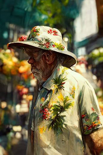 retired, wizened, aged dragon, frowning, wearing a straw boater hat and a short sleeve button up flower patterned hawaiian shirt :: farmers market, fruit stalls, flower sellrs, tree lined street, dappled, sunny day :: cinematic, high detail, street level, wide shot --ar 2:3