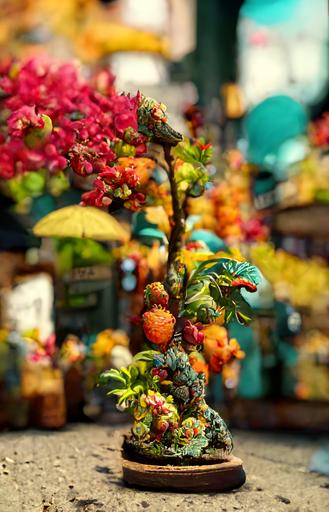retired, wizened, aged dragon, frowning, wearing a straw boater hat and a short sleeve button up flower patterned hawaiian shirt :: farmers market, fruit stalls, flower sellrs, tree lined street, dappled, sunny day :: cinematic, high detail, street level, wide shot --ar 2:3 --hd
