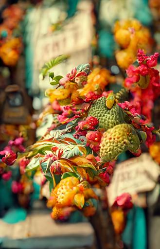 retired, wizened, aged dragon, frowning, wearing a straw boater hat and a short sleeve button up flower patterned hawaiian shirt :: farmers market, fruit stalls, flower sellrs, tree lined street, dappled, sunny day :: cinematic, high detail, street level, wide shot --ar 2:3 --hd