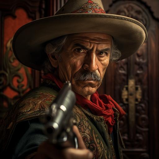 retrato forajido del viejo oeste armado con pistola y sombrero mexicano