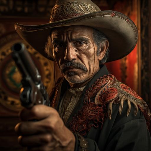 retrato forajido del viejo oeste armado con pistola y sombrero mexicano