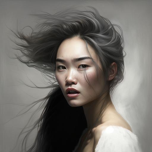 retrato hiper realista de una mujer asiática de piel blanca, de perfil, de cabello lacio, su cabello moviéndose con el viento, con ojos claros. Grey background