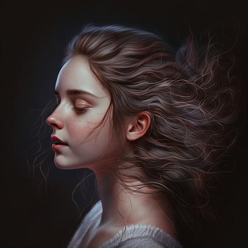 retrato hiperrealista de una mujer de perfil, de cabello lacio, su cabello moviéndose con el viento, con ojos claros. Imagen de alta definición, 4K
