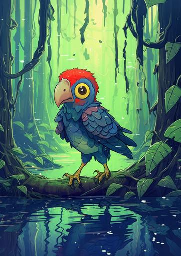 retro anime, parrot in a swamp, cryptidcore style, --no human --ar 105:148 --v 5.1