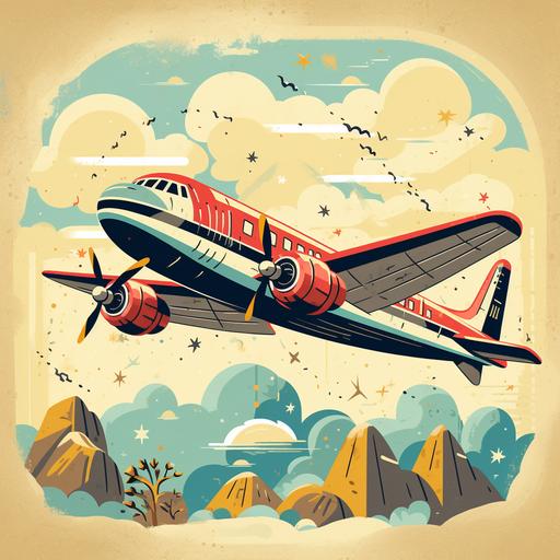 retro book about travel. Stylised, cartoon. Old plane.