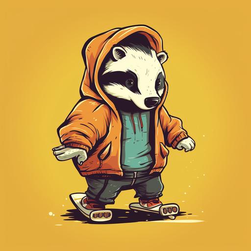 retro cartoon style skater badger wearing an oversized hoodie and winking