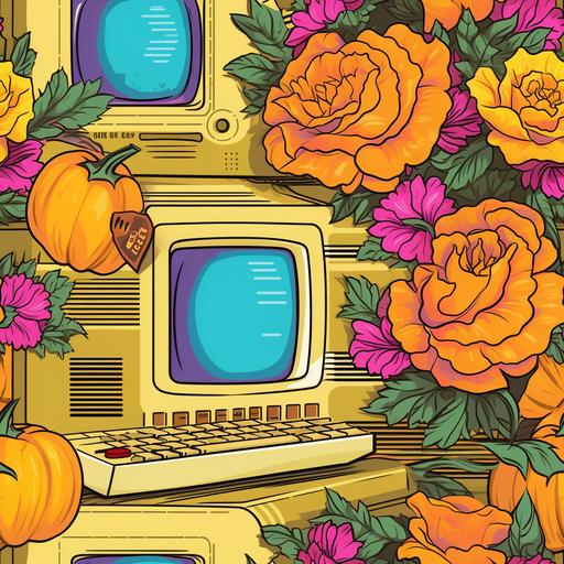 retro computer with trick or treat pumpkins and flowers, vaporwave with yellow --tile