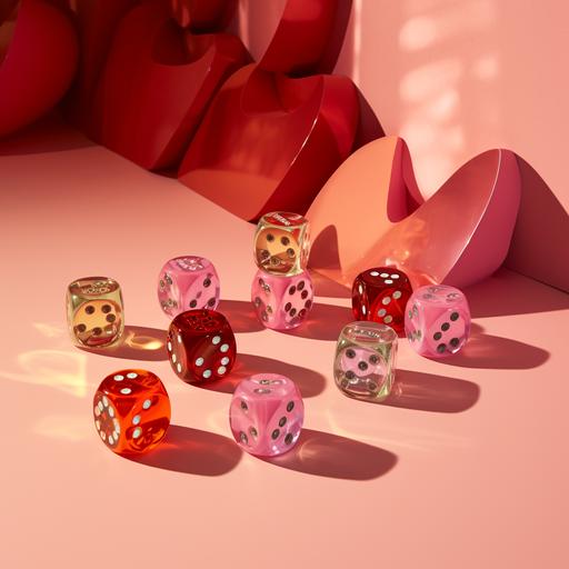retro cute heart dice in the style of miles aldridge, shadows, film, aesthetic